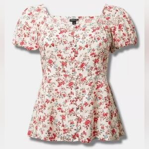 Torrid Peplum Challis Puff Short Sleeve Top, Size 2, Greenhouse Floral Dew